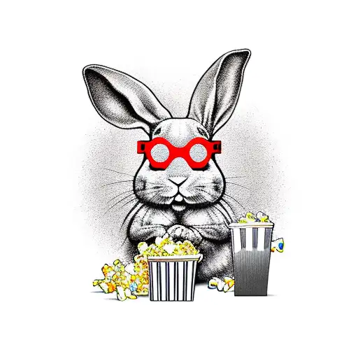 bunny wearing 3d glasses and eating popcorn tattoo design idea