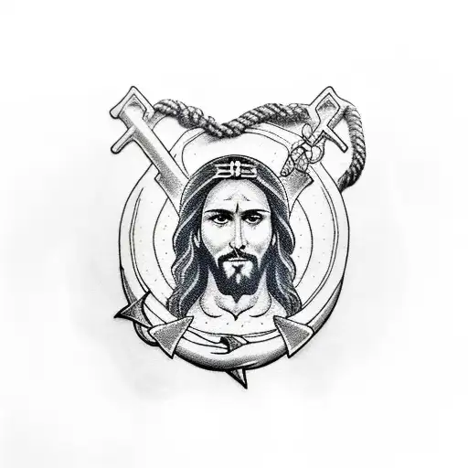 A blackwork tattoo of Jesus Christ with a marine anchor symbolizing strength and faith tattoo design idea
