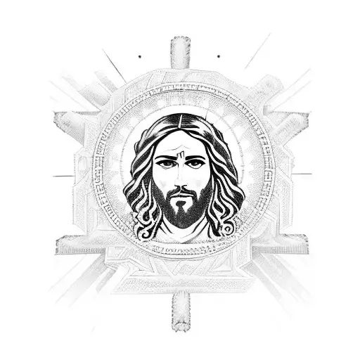 A powerful image of Jesus Christ in a blackwork style, surrounded by intricate Aztec symbols and patterns tattoo design idea