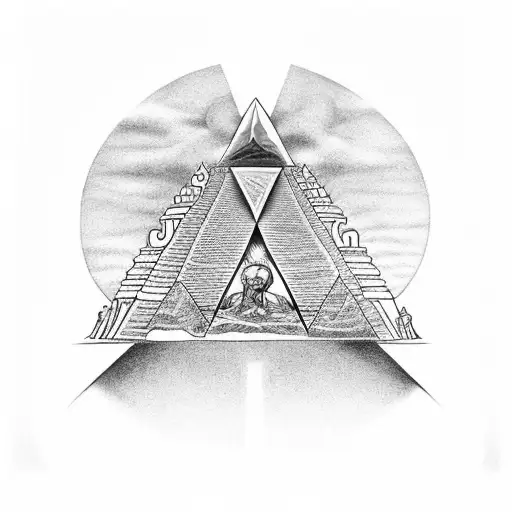 A black-grey tattoo depicting Jesus Christ carrying the weight of the world on his shoulders, with an Aztec pyramid rising behind him tattoo design idea