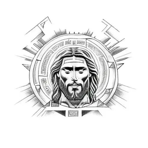 A black-grey tattoo depicting Jesus Christ carrying the weight of the world on his shoulders, with an Aztec pyramid rising behind him tattoo design idea