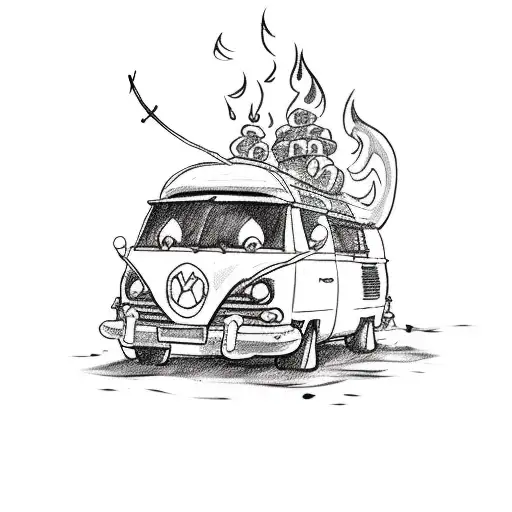 A sketch-style tattoo of a retro camper van parked next to a roaring campfire, with Mario and Luigi roasting marshmallows and fishing by the river tattoo design idea