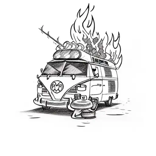 A sketch-style tattoo of a retro camper van parked next to a roaring campfire, with Mario and Luigi roasting marshmallows and fishing by the river tattoo design idea