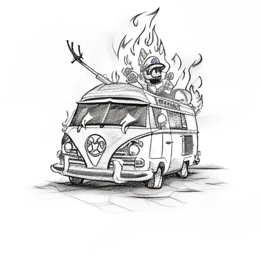 A sketch-style tattoo of a retro camper van parked next to a roaring campfire, with Mario and Luigi roasting marshmallows and fishing by the river tattoo design idea
