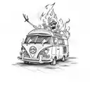 A sketch-style tattoo of a retro camper van parked next to a roaring campfire, with Mario and Luigi roasting marshmallows and fishing by the river tattoo design idea