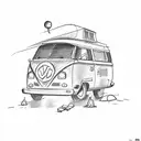 A sketch-style tattoo of a retro camper van parked next to a roaring campfire, with Mario and Luigi roasting marshmallows and fishing by the river tattoo design idea