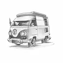 A sketch-style tattoo of a retro camper van parked next to a roaring campfire, with Mario and Luigi roasting marshmallows and fishing by the river tattoo design idea