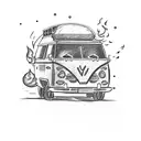 A sketch-style tattoo of a retro camper van parked next to a roaring campfire, with Mario and Luigi roasting marshmallows and fishing by the river tattoo design idea