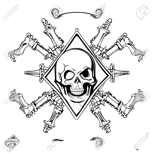 A creepy and mysterious tarot card design featuring a skeleton as the central figure, with a musical instrument incorporated into the background tattoo design idea