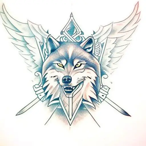 wolf, sword, wings tattoo design idea