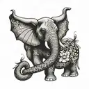 elephant trunk up with dragonfly hovering above  tattoo design idea