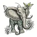 elephant trunk up with dragonfly hovering above  tattoo design idea