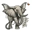 elephant trunk up with dragonfly hovering above  tattoo design idea