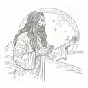 A spiritual man in the desert with long hair is standing behind the photo, holding his hands to the sky, praying in old  tattoo design idea