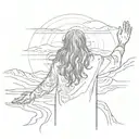 A spiritual man in the desert with long hair is standing behind the photo, holding his hands to the sky, praying in old  tattoo design idea