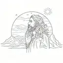 A spiritual man in the desert with long hair is standing behind the photo, holding his hands to the sky, praying in old  tattoo design idea