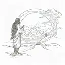 A spiritual man in the desert with long hair is standing behind the photo, holding his hands to the sky, praying in old  tattoo design idea