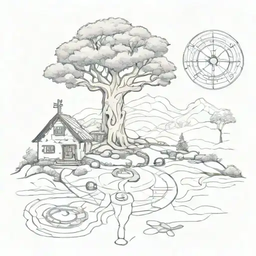 stone road leading to life of tree with house and rune compass rose tattoo design idea