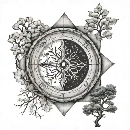stone road leading life of tree surrounded rune compass fool moon rose tattoo design idea