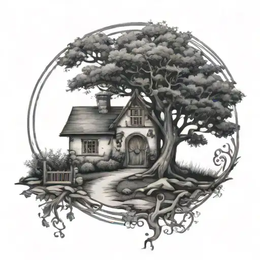stone road leading to life of tree with house and rune compass rose tattoo design idea