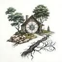 stone road leading to life of tree with house and rune compass rose tattoo design idea