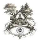 stone road leading to life of tree with house and rune compass rose tattoo design idea