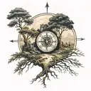 stone road leading to life of tree with house and rune compass rose tattoo design idea