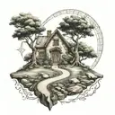 stone road leading to life of tree with house and rune compass rose tattoo design idea