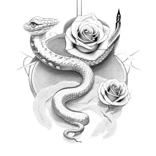 Snake with a knife and roses tattoo design idea