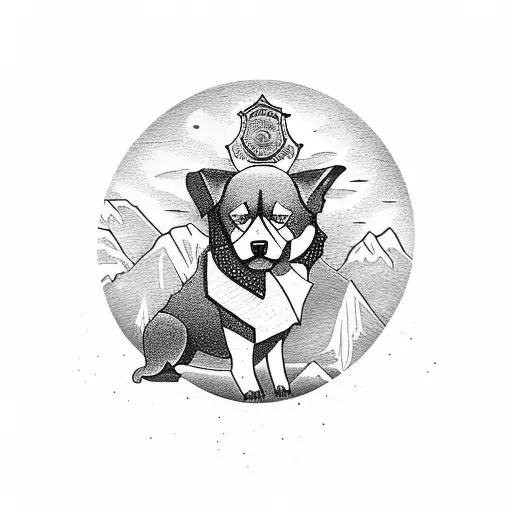 A police badge integrated into a mountain landscape with a loyal dog standing guard tattoo design idea