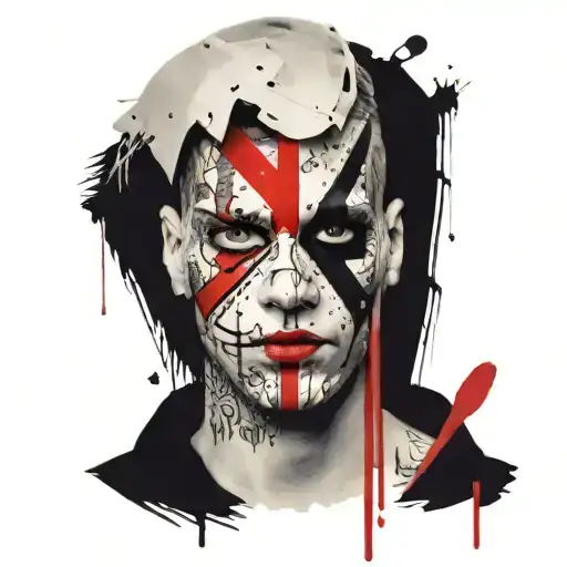 A man in full height with a face crossed out with red lines, a comedy mask in his right hand, a tragedy mask in his left tattoo design idea