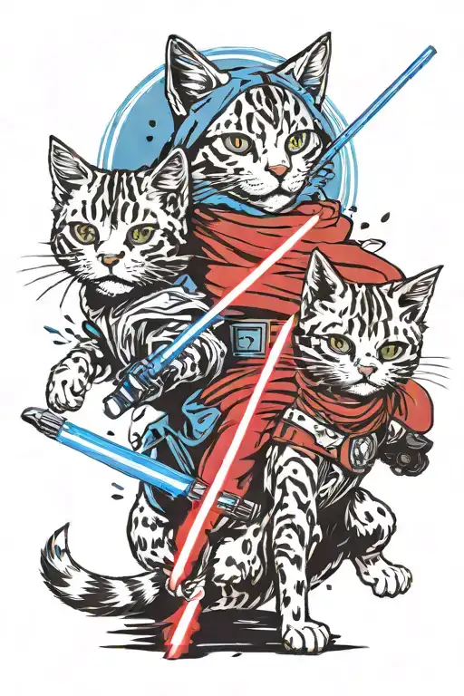 cat red lightsaber vs two dogs blue lightsaber duel tattoo design idea