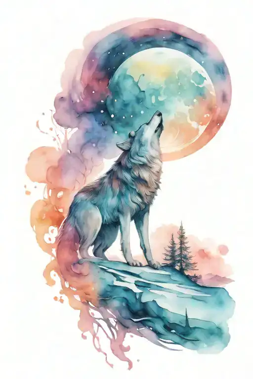 mysterious wolf howling at the moon tattoo design idea