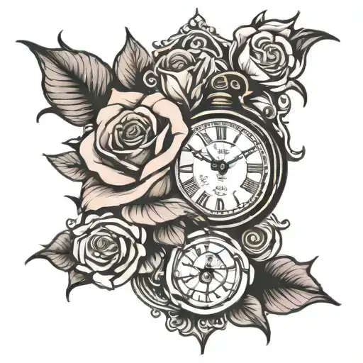 clock and roses tattoo design idea