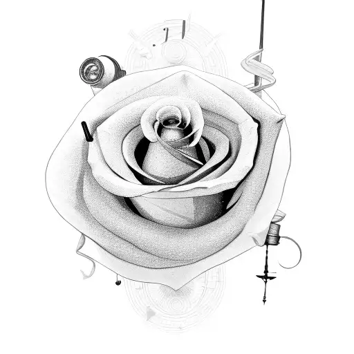A telescope with a rose and musical notes emerging from it tattoo design idea