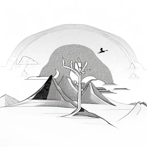 fine line mountain range with small trees and a bird on the horizon tattoo design idea