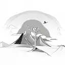fine line mountain range with small trees and a bird on the horizon tattoo design idea