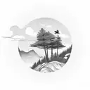 fine line mountain range with small trees and a bird on the horizon tattoo design idea