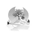 fine line mountain range with small trees and a bird on the horizon tattoo design idea