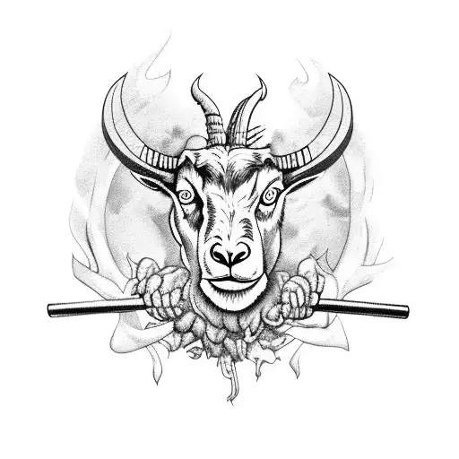 A weightlifter lifting a barbell made of goat skulls with flames in the background tattoo design idea