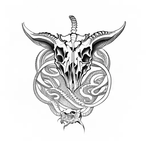 A goat skull on a angle with snakes in the background and demons surrounding the skull tattoo design idea