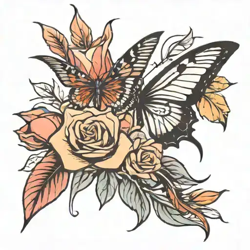rose and butterflies and bird of paradise  tattoo design idea