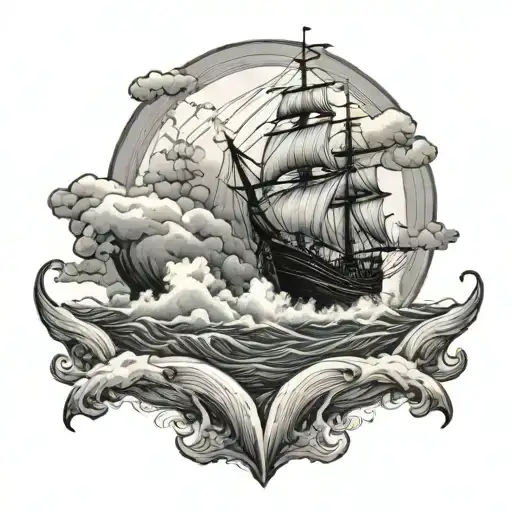 sea ship sailing through stormy clouds and whale tail tattoo design idea