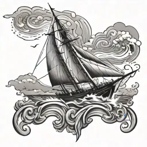 rainy storm sail boat sailing ship sailing through stormy tattoo design idea