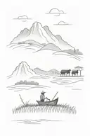 vietnam boat farmer ricefield mountain landscape tattoo design idea