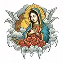 Virgen de Guadalupe with angel , clouds, mountains  tattoo design idea