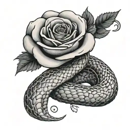 A snake coiled around a rose with a chef's knife in its mouth tattoo design idea