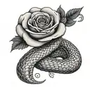 A snake coiled around a rose with a chef's knife in its mouth tattoo design idea