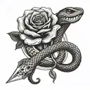 A snake coiled around a rose with a chef's knife in its mouth tattoo design idea