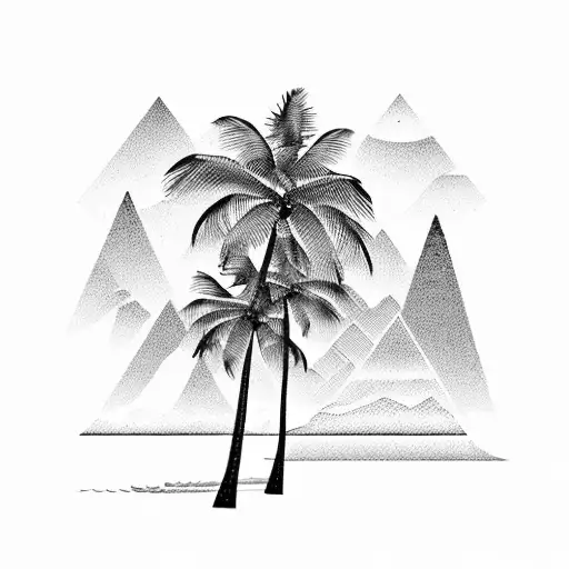 beach with palm tree and mountains tattoo design idea